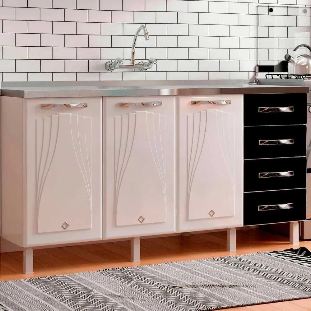Balcão de Cozinha para Pia em Aço Star New 3 Portas 4 Gavetas Branco/Preto - Telasul - 1