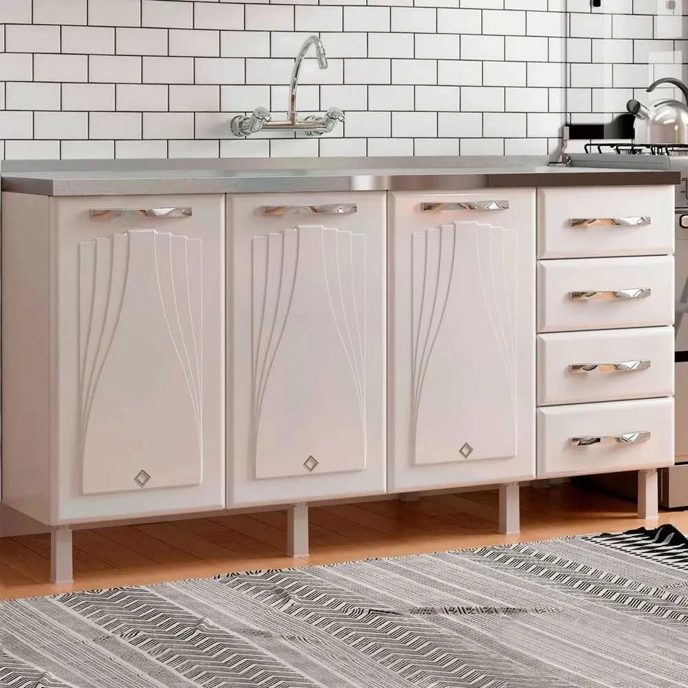 Balcão de Cozinha para Pia em Aço Star New 3 Portas 4 Gavetas Branco - Telasul - 1