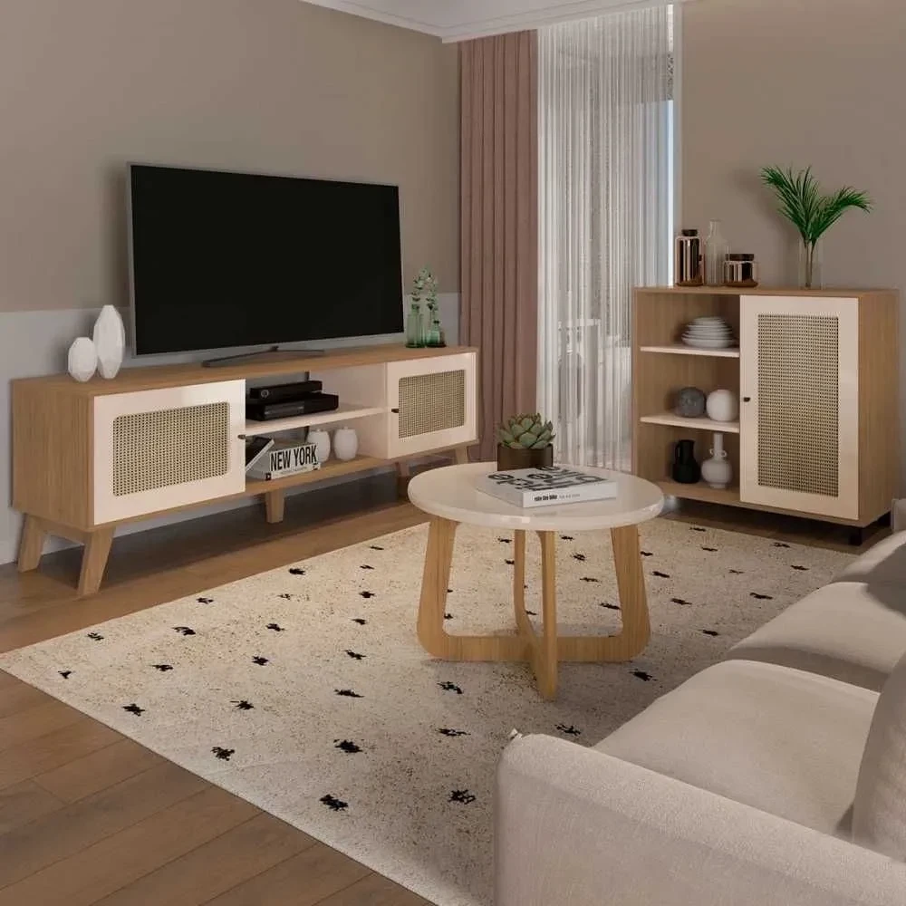 Sala de Estar Completa para TV Até 75 Polegadas Charlotte 3 Portas Carvalho/Off White - Artely Móveis - 1