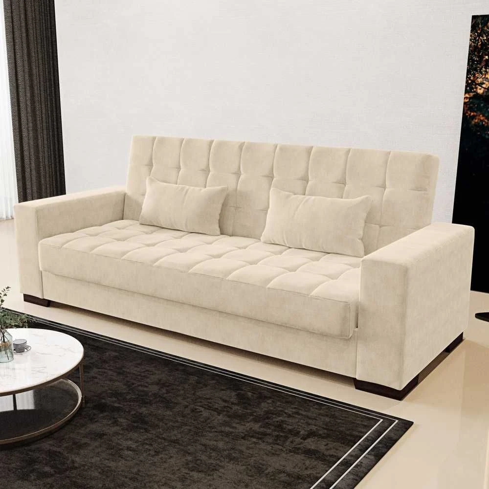 Sofá Cama 3 Lugares para Sala de Estar Lisboa Suede Bege - Ibiza - 1