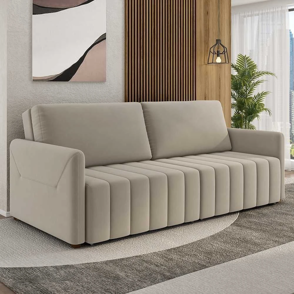 Sofá Cama Casal Retrátil 2 Lugares Atlas Suede Bege - Mpozenato - 1