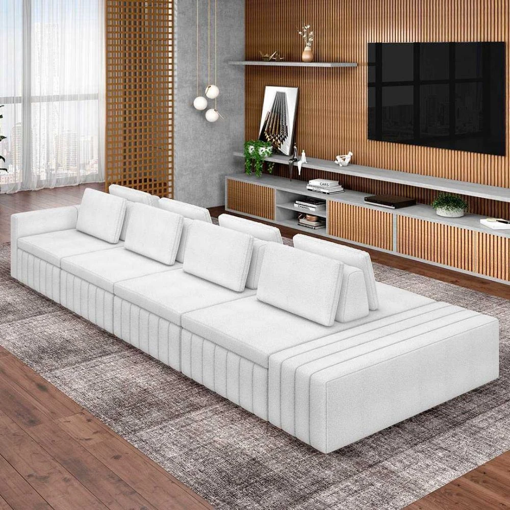 Sofá Ilha 10 Lugares e Puff Sala Living Siesta Boucle Branco - Mpozenato - 1