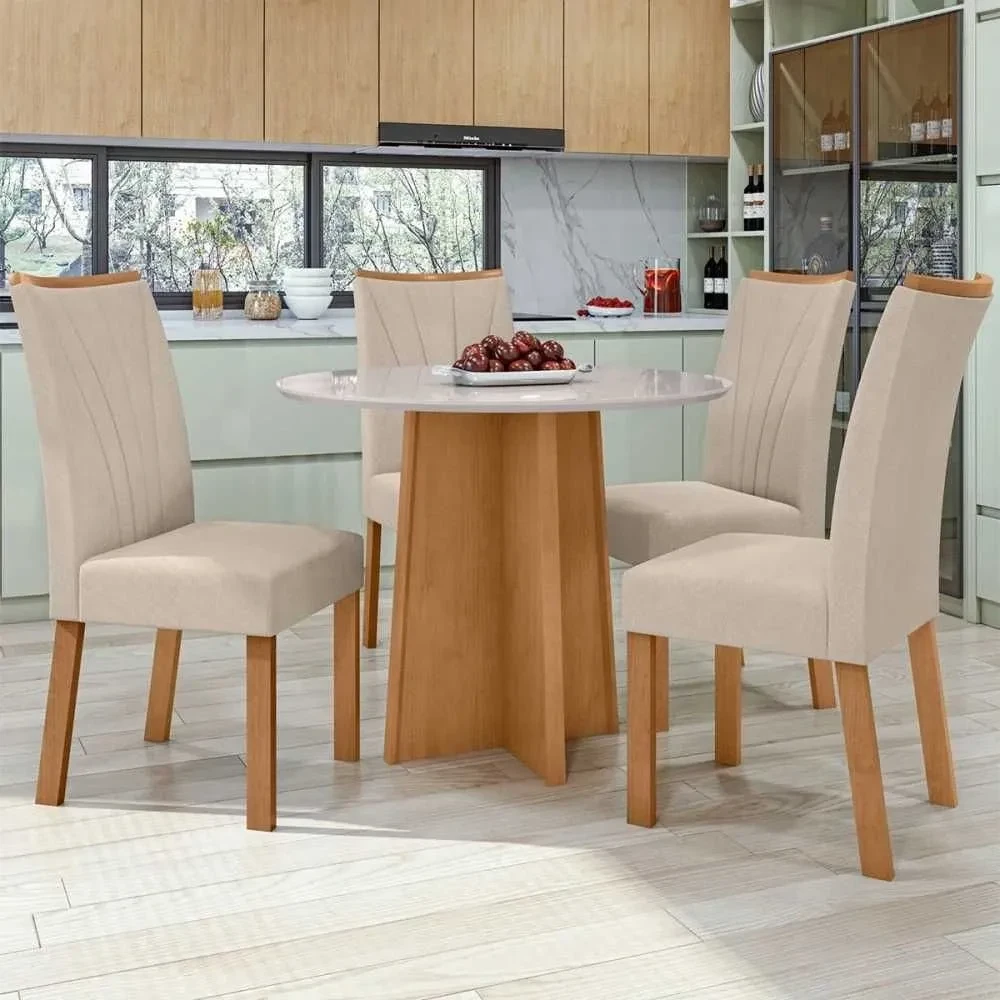 Mesa de Jantar 4 Cadeiras Athenas Apogeu Amêndoa Clean/Off White/Veludo Naturale Creme - Móveis Lopas - 1