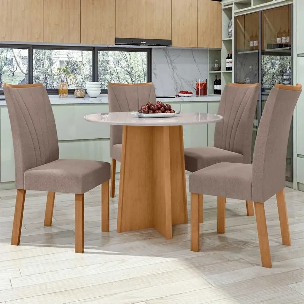 Mesa de Jantar 4 Cadeiras Celebrare Apogeu Amêndoa Clean/Off White/Suede Animale Bege - Móveis Lopas - 1