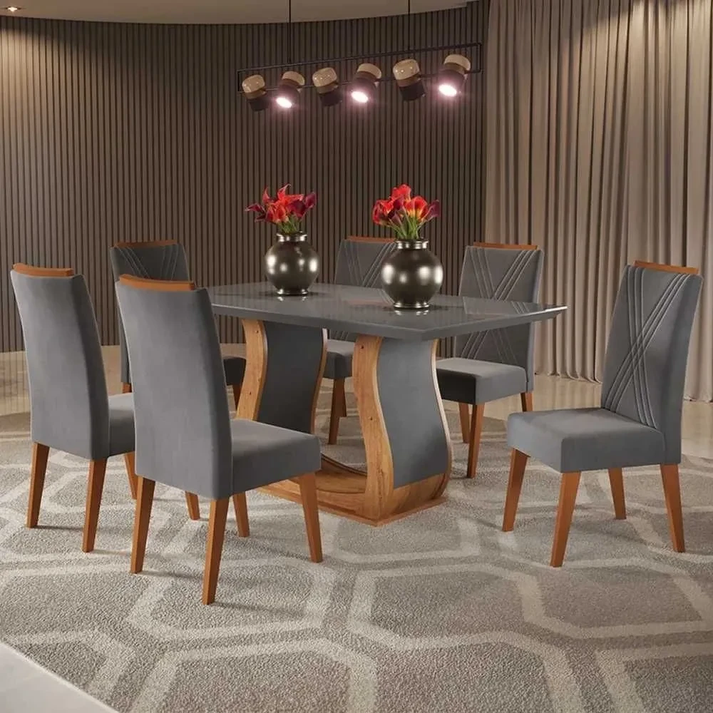 Mesa de Jantar 6 Cadeiras Taina com Tampo de Vidro Mel/Grafite - Viero Móveis - 1