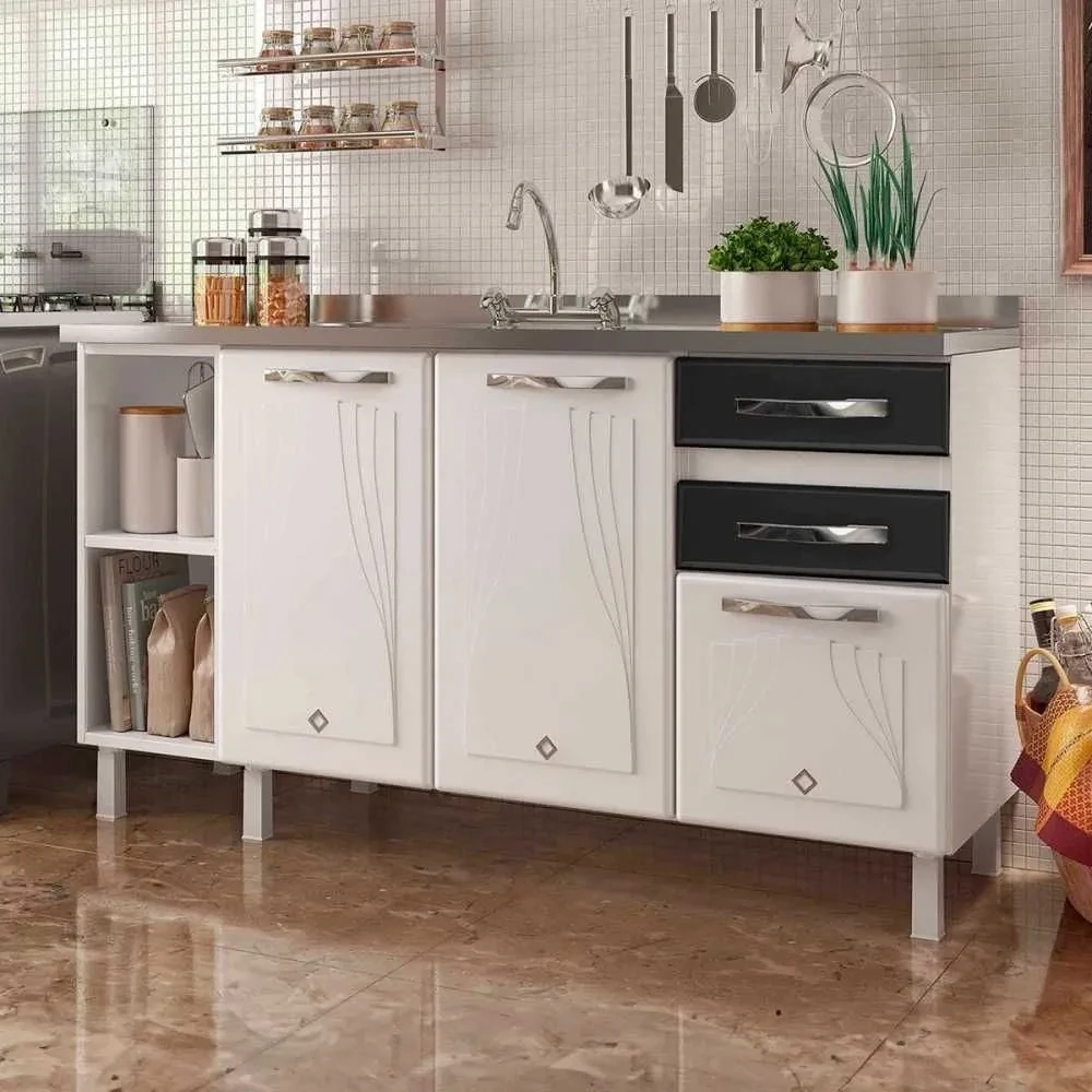Balcão de Cozinha Star New 3 Portas 2 Gavetas Preto - Telasul - 1
