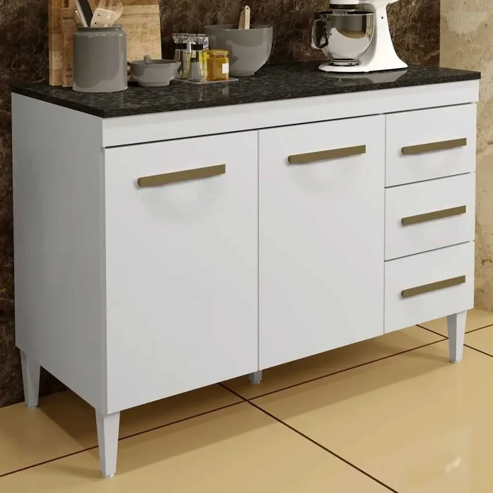 Balcão de Cozinha Virtus 2 Portas 3 Gavetas Branco - Kaiki Móveis - 1