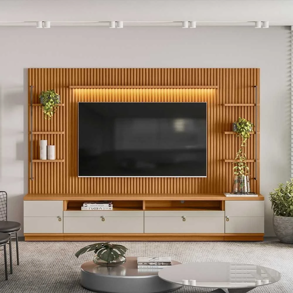 Rack com Painel Ripado para TV Até 75 Pol. Golden Nature/Off White - Mpozenato - 1