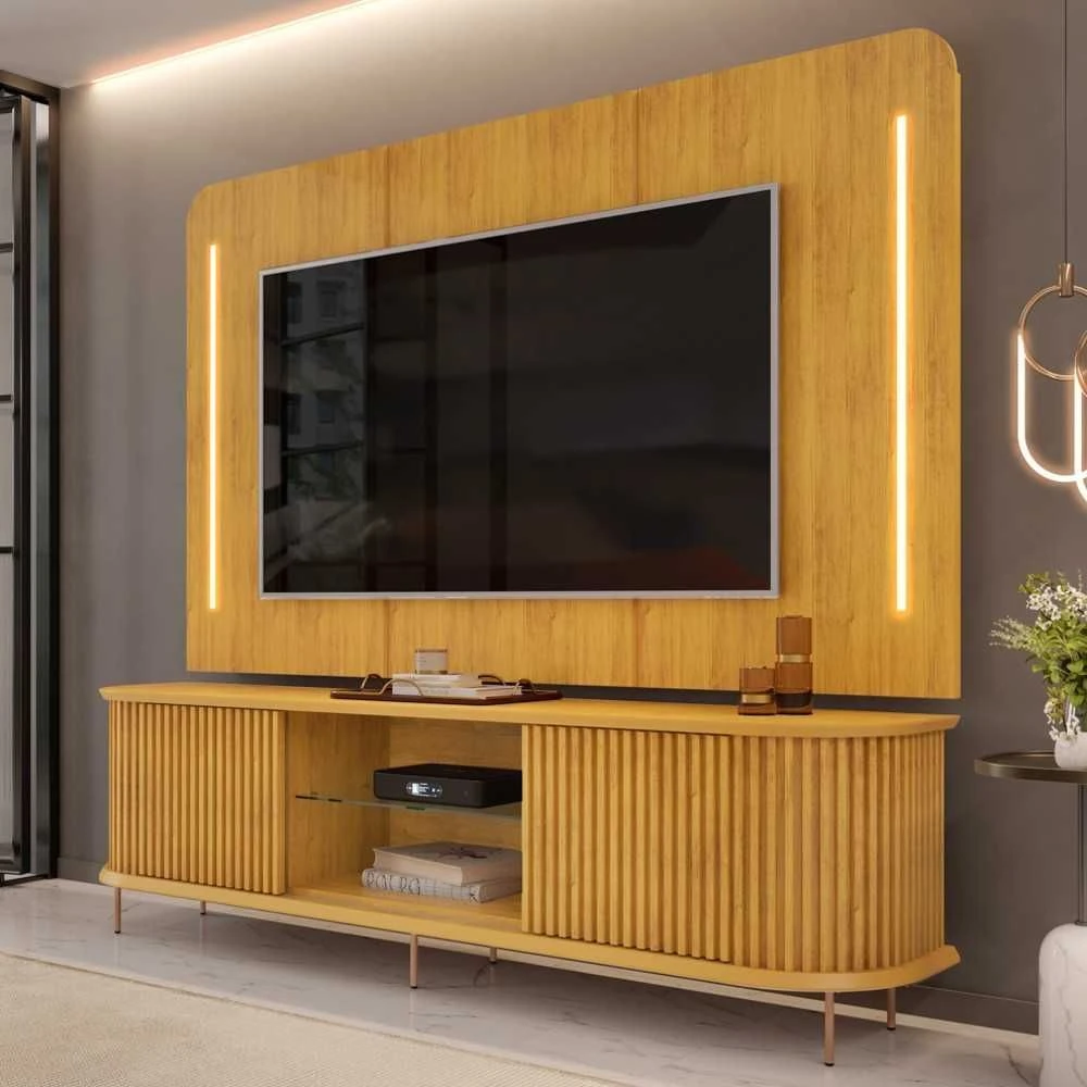 Rack com Painel Para TV Até 75 Pol Bancada Ripado World Cedro - Mpozenato - 1