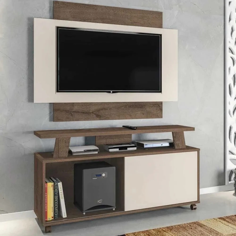 Rack com Painel para TV Até 50 Polegadas Rivera 1 Porta Mocaccino Rústico/3D Natura Off White - Atualle Móveis - 1