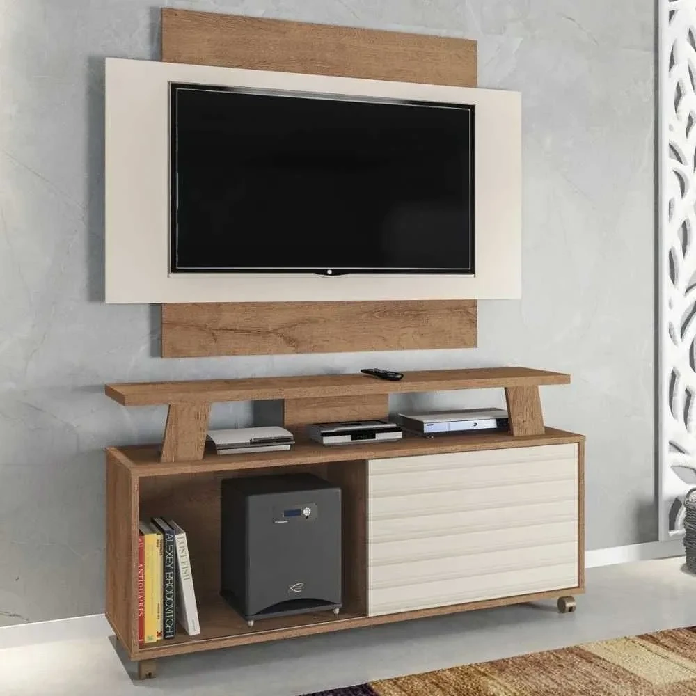 Rack com Painel para TV Até 50 Polegadas Rivera 1 Porta Canelato Rústico/3D Natura Off White - Atualle Móveis - 1