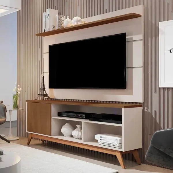 Rack com Painel para TV Até 50 Polegadas Lincoln 1 Porta 1 Prateleira Off White/Freijó - PNR Móveis
