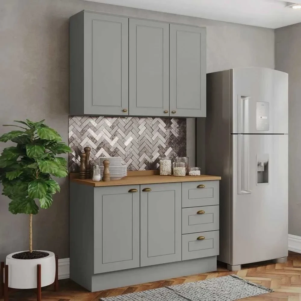 Cozinha Compacta Americana 5 Portas 3 Gavetas 100% MDF Cinza/Nature - Henn - 1