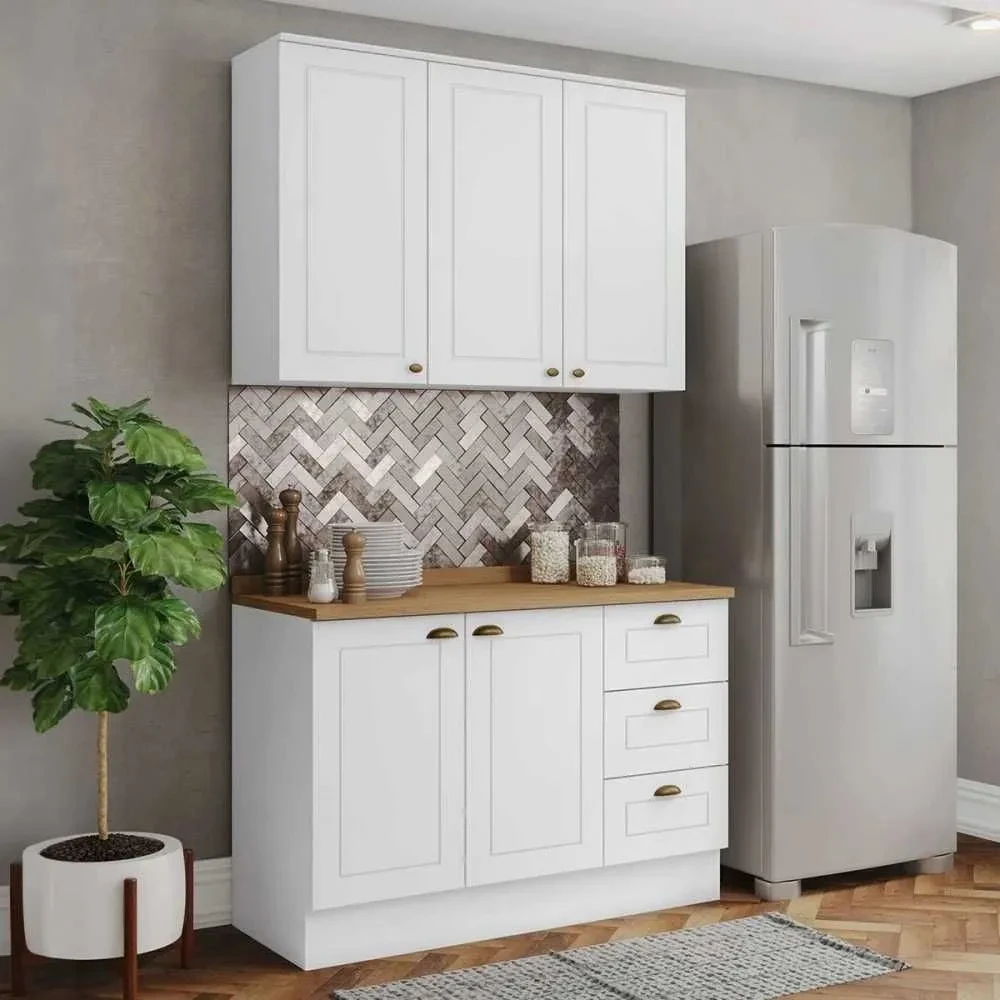 Cozinha Compacta Americana 5 Portas 3 Gavetas 100% MDF Branco Hp/Nature - Henn - 1