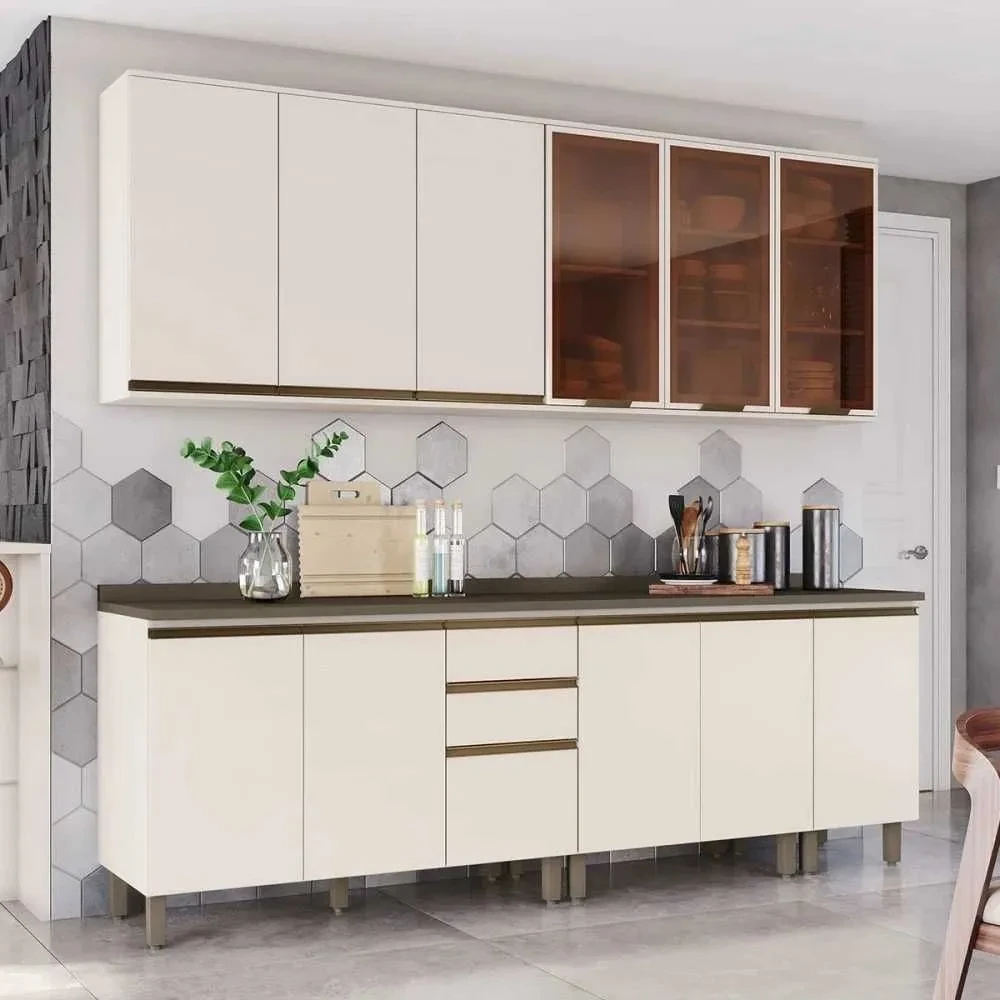 Cozinha Compacta Reflecta 12 Portas 2 Gavetas com Vidro 100% MDF Duna/Off White - Henn - 1