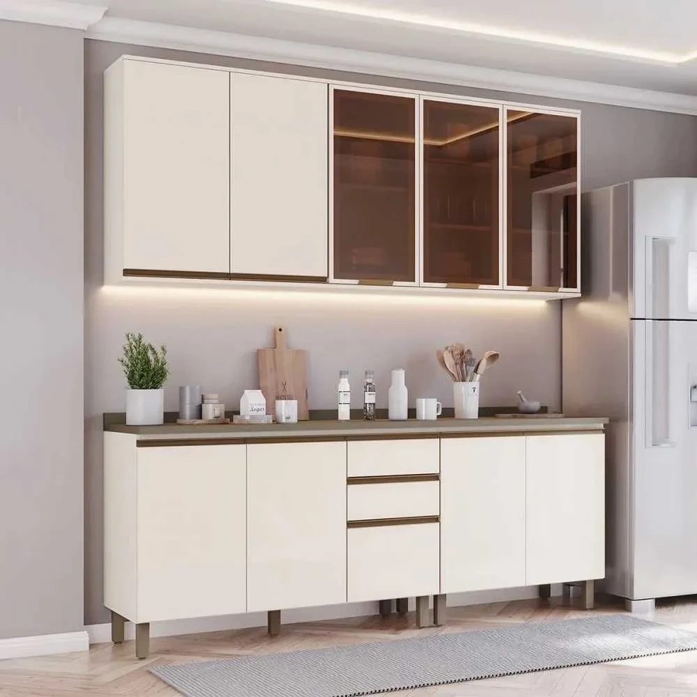 Cozinha Compacta Reflecta 10 Portas 2 Gavetas com Vidro 100% MDF Off White - Henn - 1