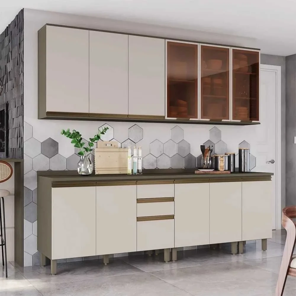 Cozinha Compacta Reflecta 12 Portas 2 Gavetas com Vidro 100% MDF Duna/Cristal - Henn - 1
