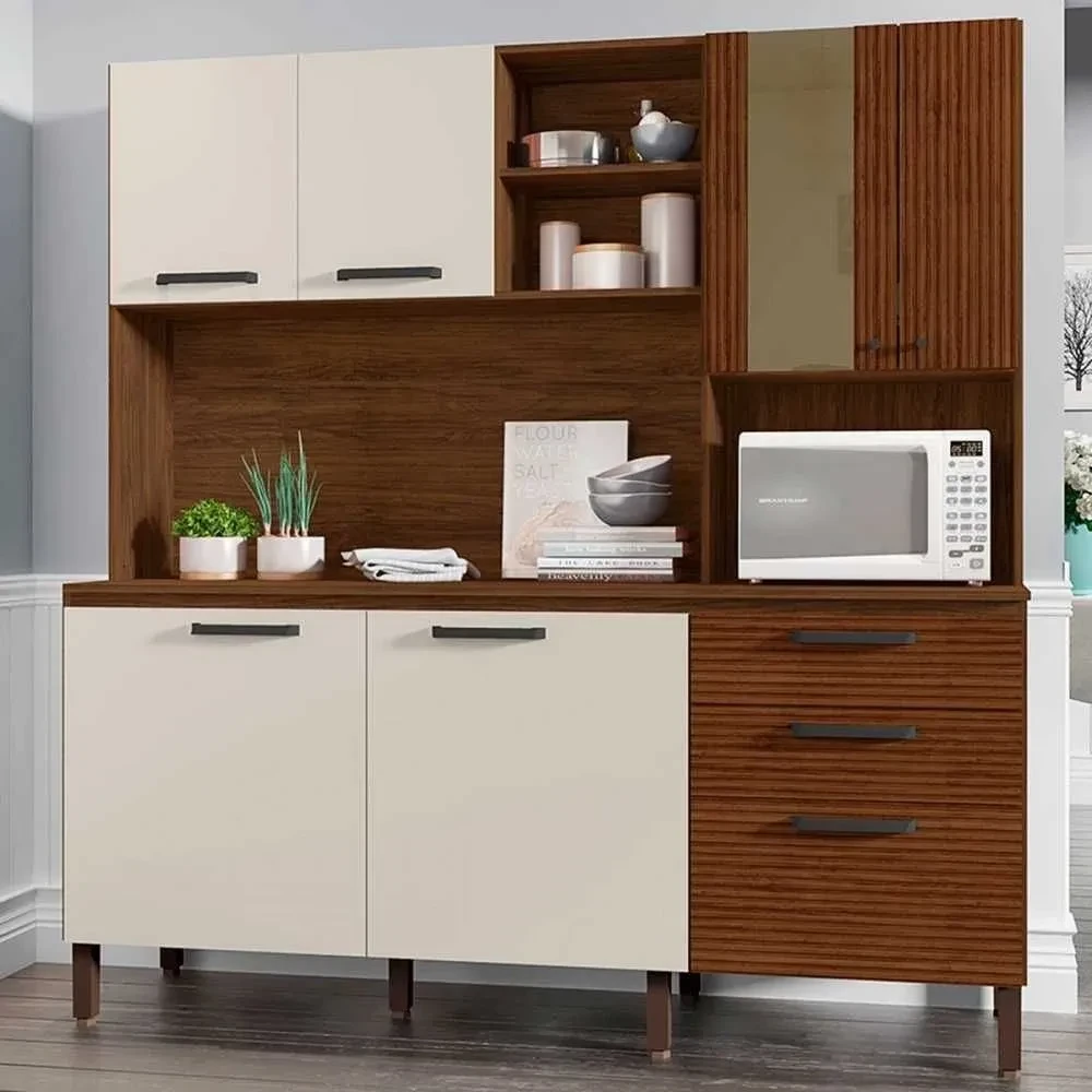 Cozinha Compacta Mega 7 Portas 2 Gavetas com Vidro Ripado Nogueira/Off White - Kits Paraná - 1