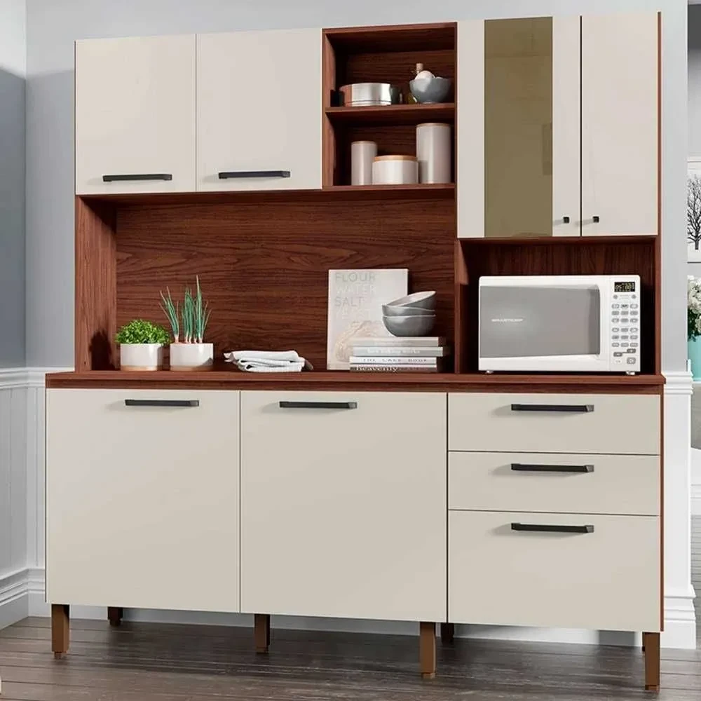 Cozinha Compacta Mega 7 Portas 2 Gavetas com Vidro Nogueira/Off White - Kits Paraná - 1