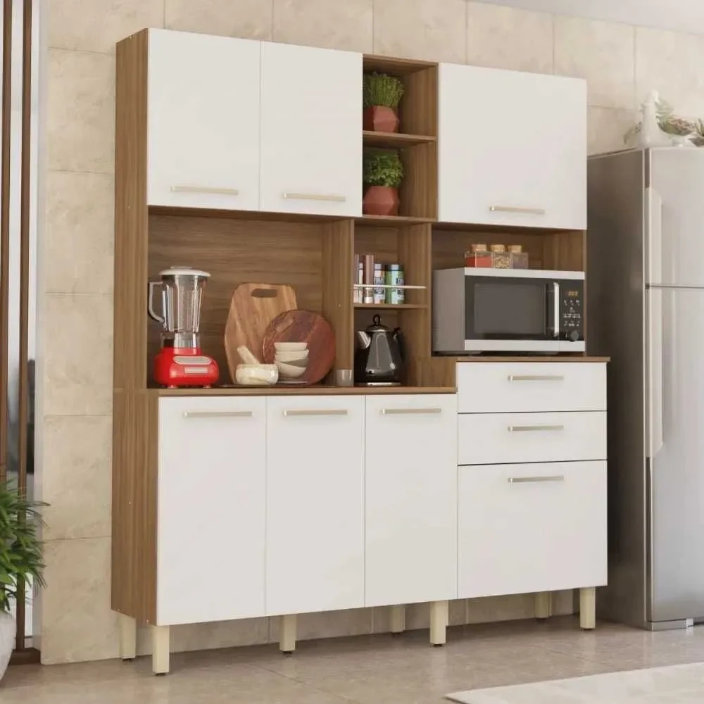 Cozinha Compacta Encanto 7 Portas 2 Gavetas Amêndola/Branco - Demóbile - 1
