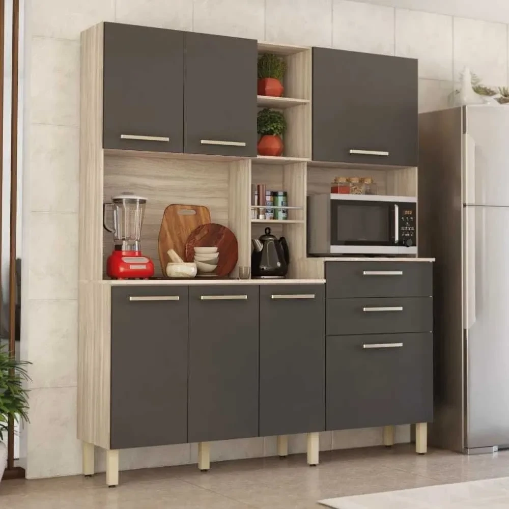 Cozinha Compacta Encanto 7 Portas 2 Gavetas Avena/Grafito - Demóbile - 1