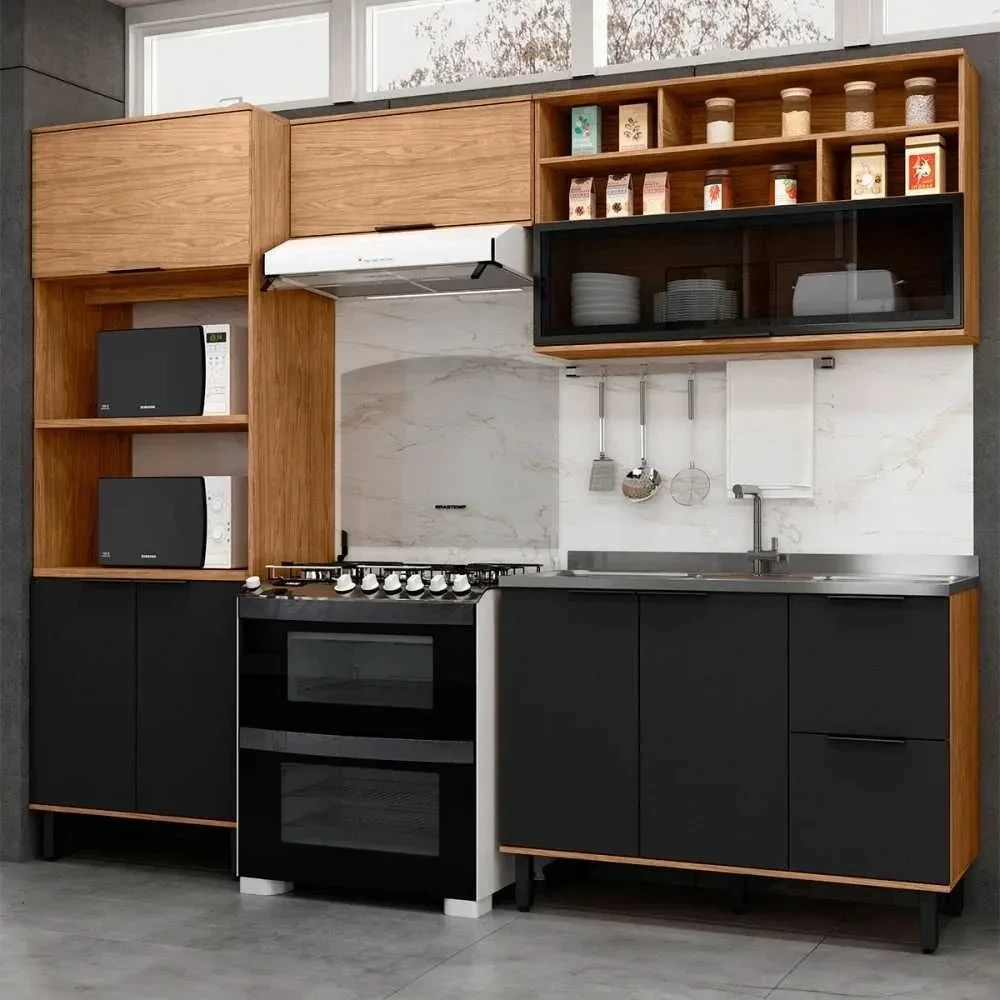 Cozinha Compacta Laura 7 Portas 3 Gavetas com Vidro 100% MDF Freijo/Nero - Mx Móveis - 1