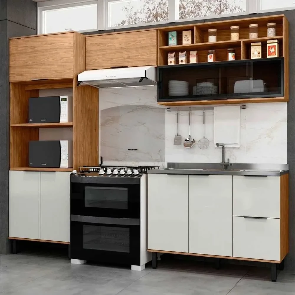 Cozinha Compacta Laura 7 Portas 3 Gavetas com Vidro 100% MDF Freijo/Off White - Mx Móveis - 1