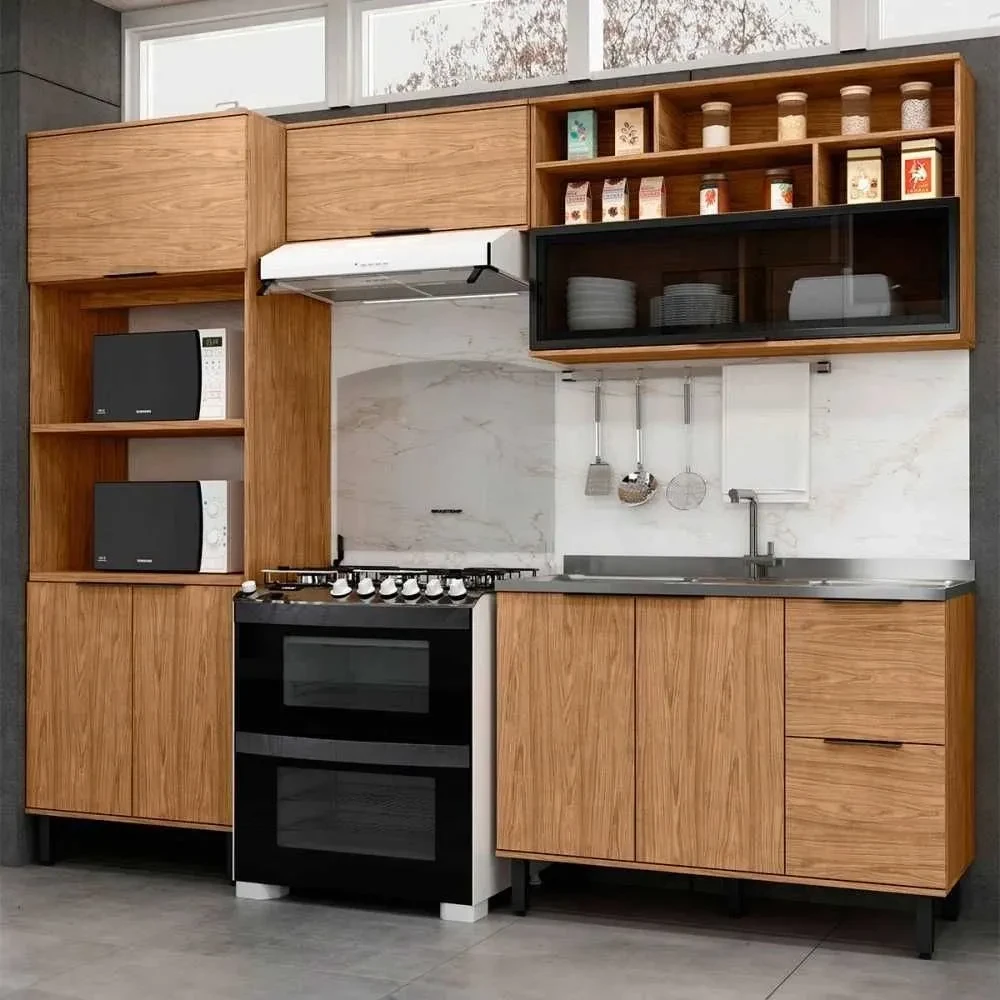 Cozinha Compacta Laura 7 Portas 3 Gavetas com Vidro 100% MDF Freijo - Mx Móveis - 1