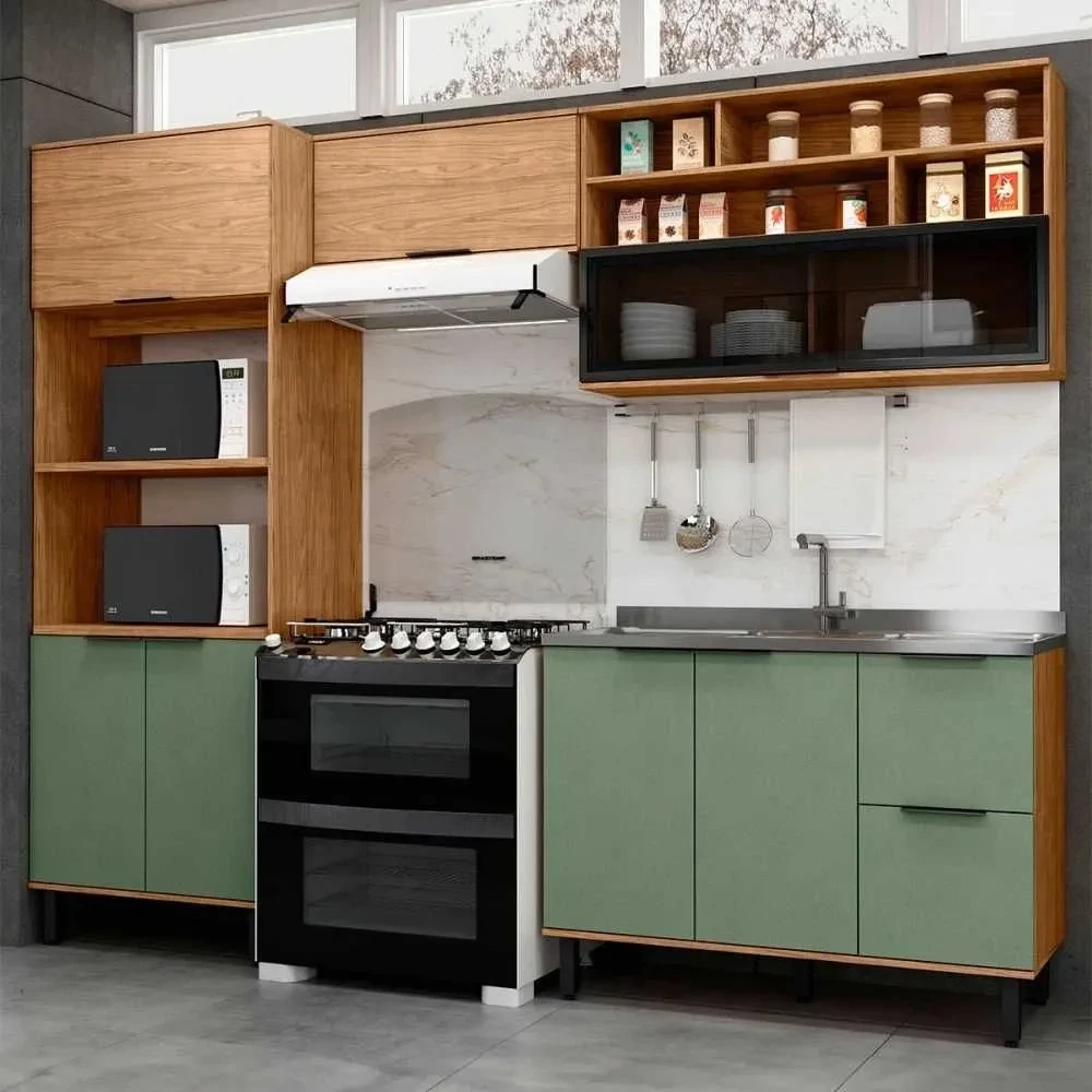 Cozinha Compacta Laura 7 Portas 3 Gavetas com Vidro 100% MDF Freijo/Jade - Mx Móveis - 1