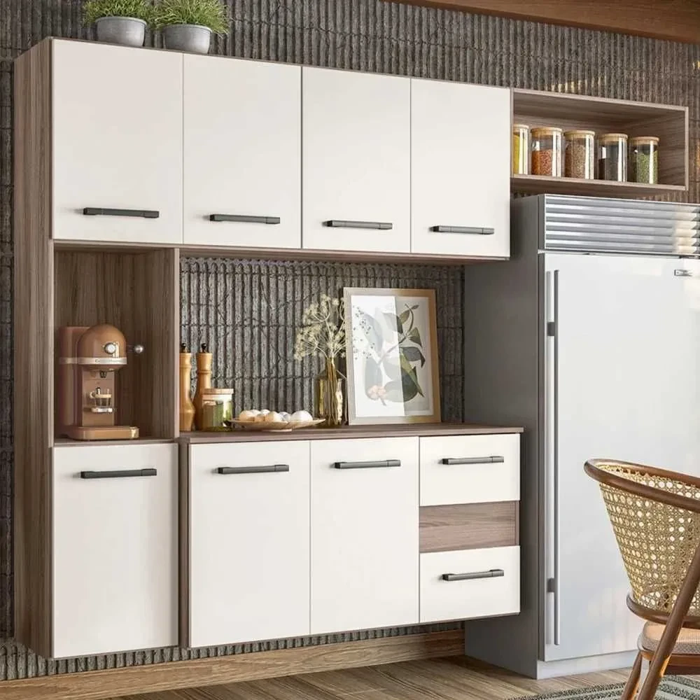 Cozinha Compacta Suspensa Juliete 7 Portas 2 Gavetas Carvalho Nature/Off White Cristal - Nicioli - 1