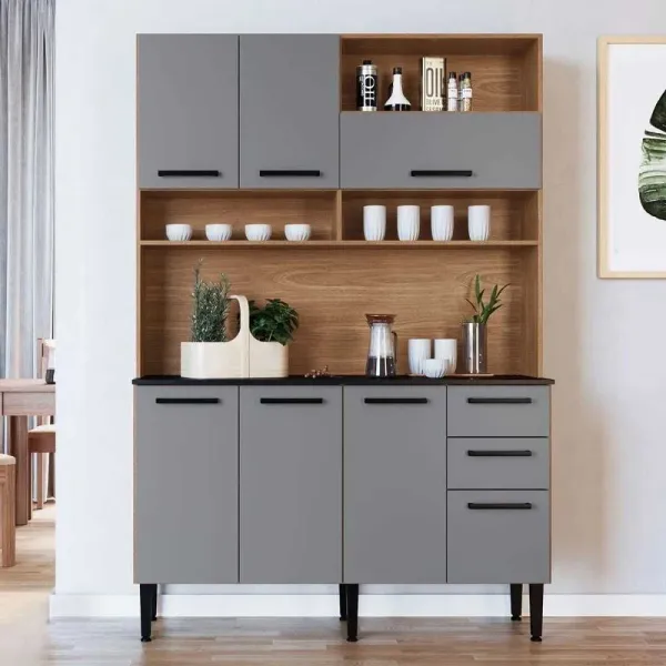 Cozinha Compacta Nicole 7 Portas 2 Gavetas Freijó/Cinza - Irm Móveis