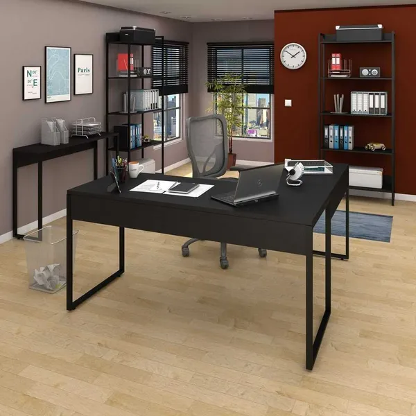 Conjunto Escritório Mesa em L, Aparador e 2 Estantes Studio Industrial Preto
