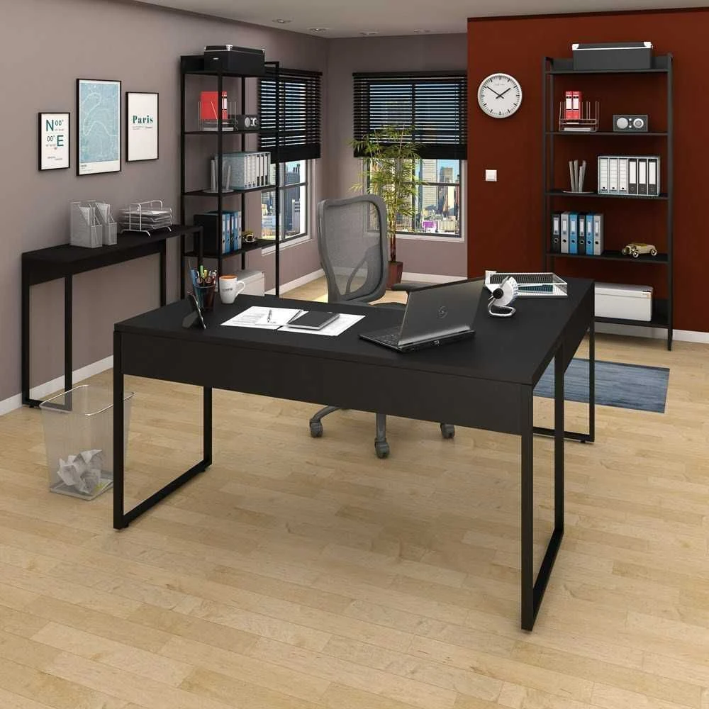 Conjunto Escritório Mesa em L, Aparador e 2 Estantes Studio Industrial Preto - 1