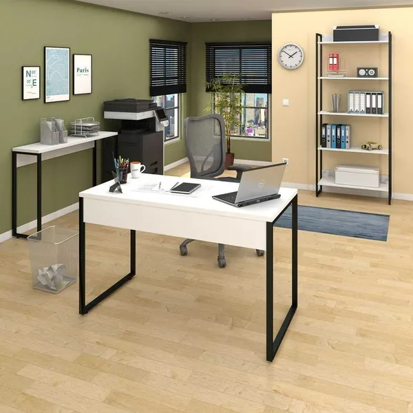Conjunto Escritório Mesa Aparador e Estante Studio Industrial Branco