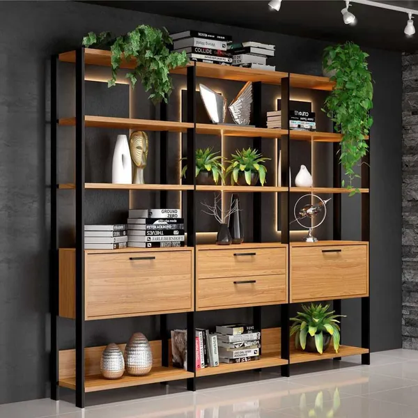 Estante Alta Estilo Industrial 2 Portas 2 Gavetas Freijó/Preto Fosco