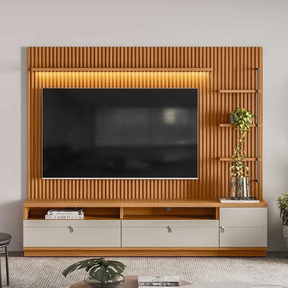 Rack com Painel Ripado para TV 75 Pol. Golden Nature/Off White - Mpozenato - 1