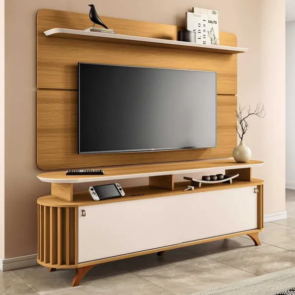 Rack com Painel para TV até 70 Pol Curv e Bancada Alba Off/Cinamomo - HB Móveis