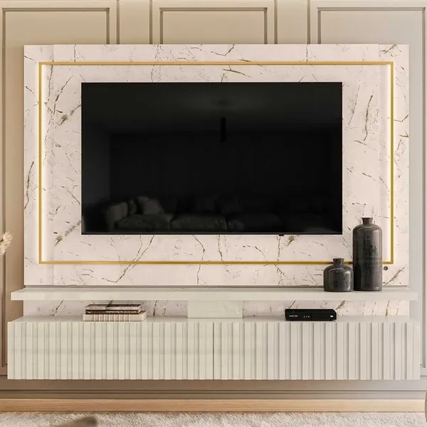 Rack com Painel Para TV Até 75 Pol. Com LED 2 Gavetas Gaia Calacata/Off White - Madetec