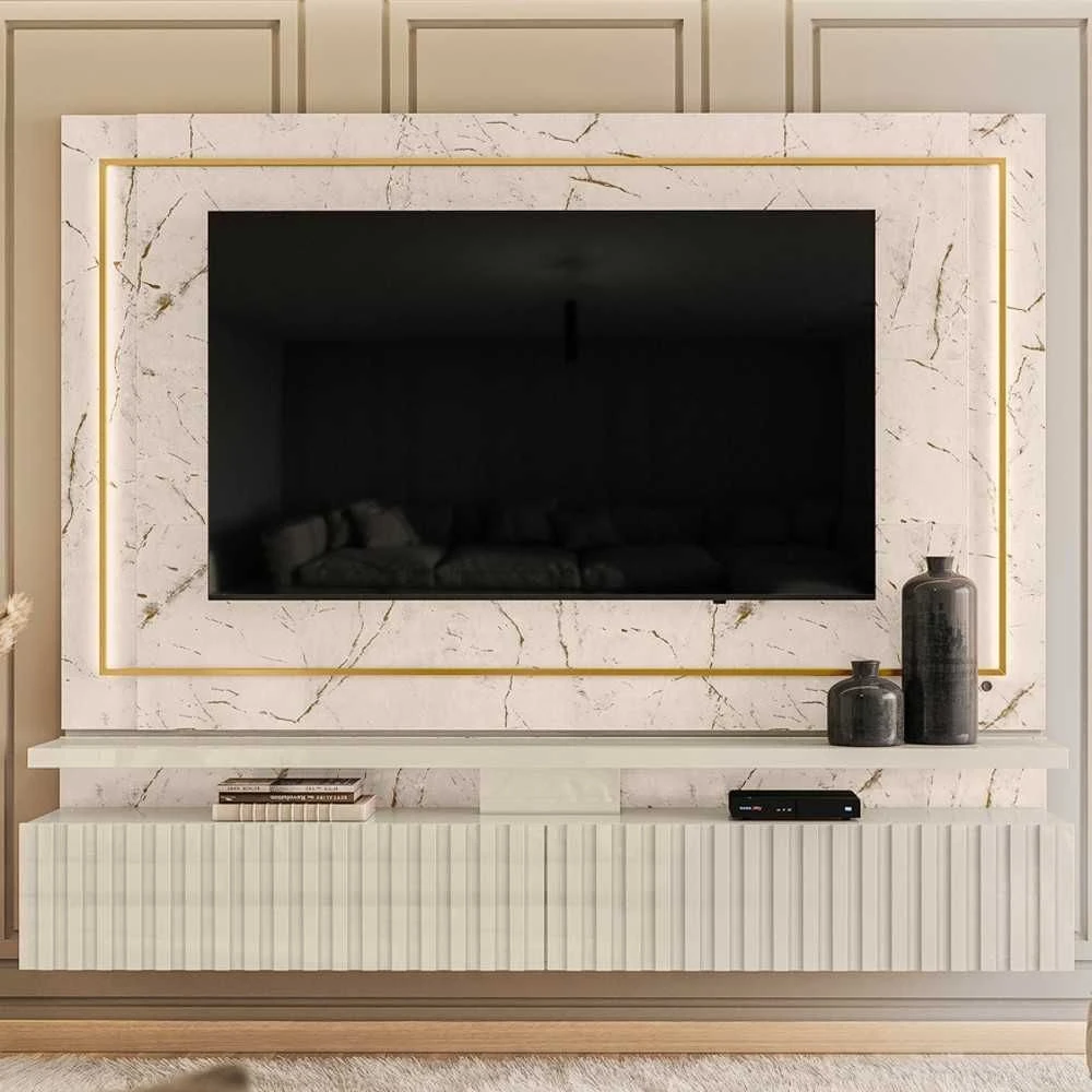 Rack com Painel Para TV Até 75 Pol. Com LED 2 Gavetas Gaia Calacata/Off White - Madetec - 1