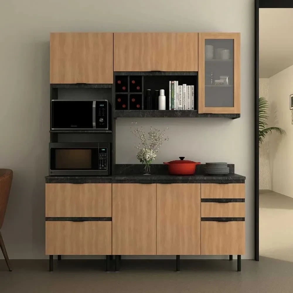 Cozinha Compacta Begônia 6 Portas 4 Gavetas Mármore Lunar/Freijó - 1