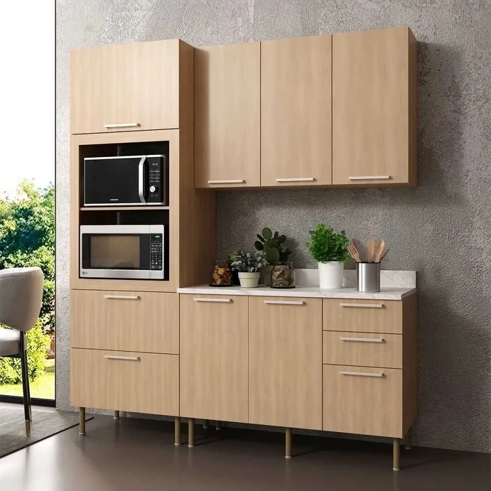 Cozinha Compacta Tulipa 6 Portas 5 Gavetas Freijó/Mármore Branco - 1