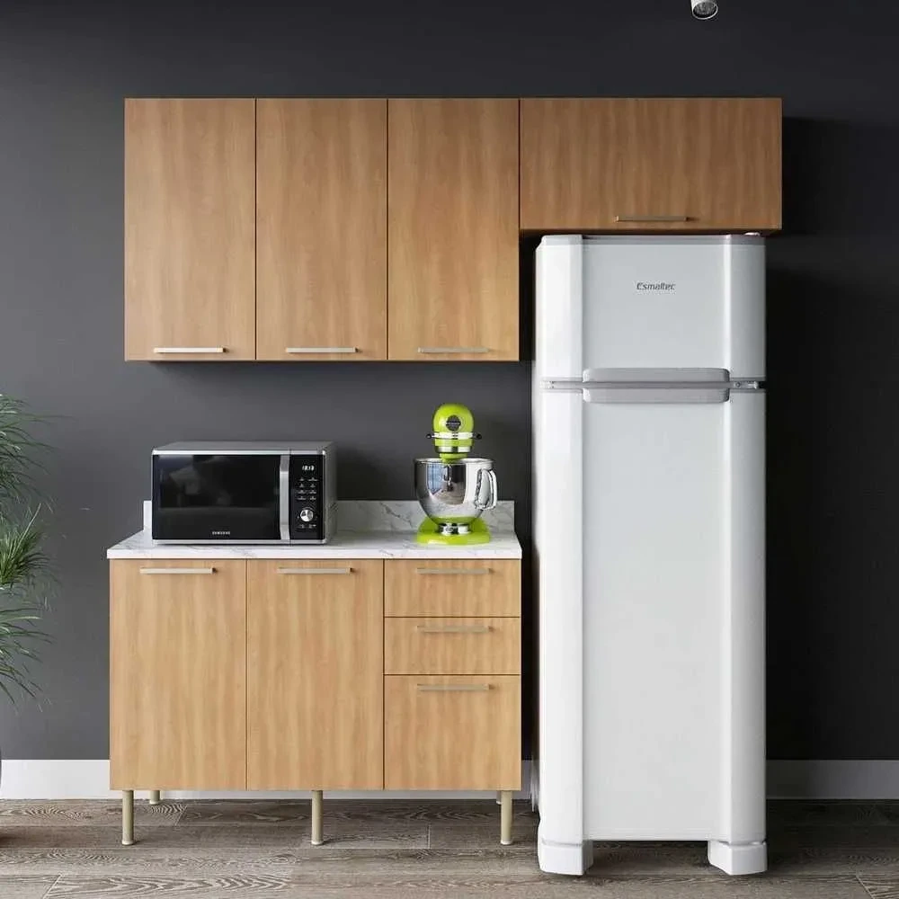 Cozinha Compacta Dália 6 Portas 3 Gavetas Freijó/Mármore Branco - 1