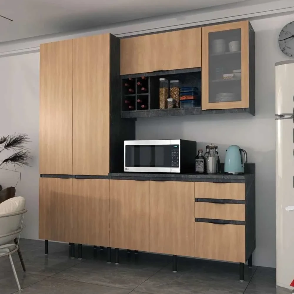 Cozinha Compacta Margarida 8 Portas 3 Gavetas Mármore Lunar/Freijó - 1