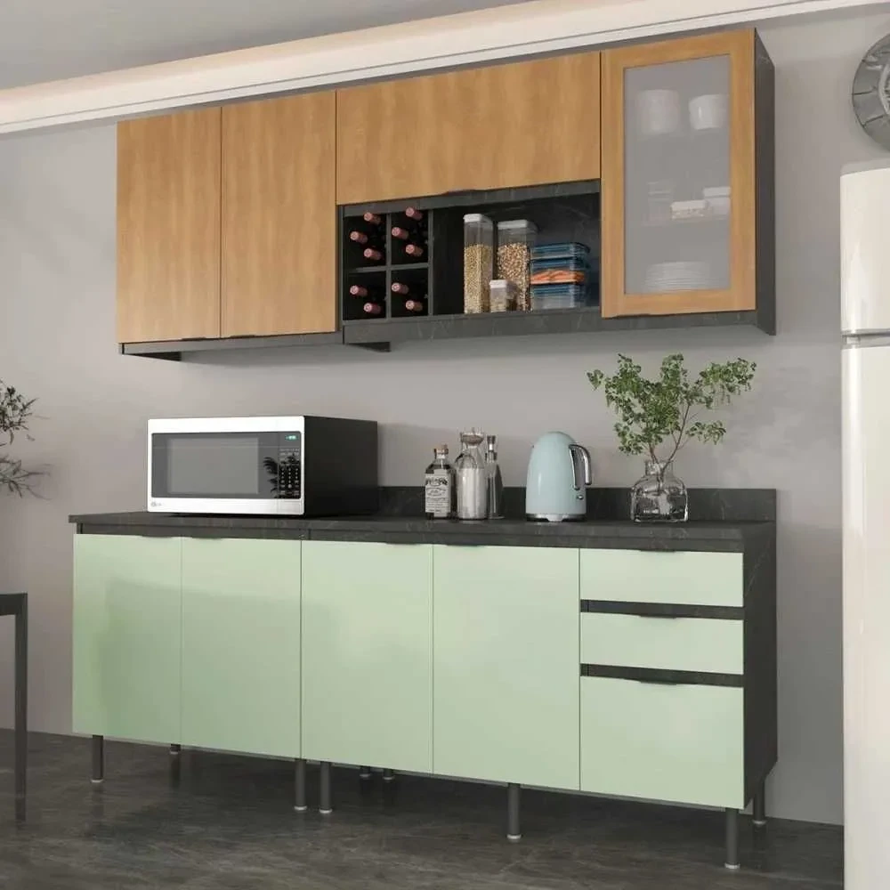 Cozinha Compacta Azaleia 8 Portas 3 Gavetas Verde Mar/Freijó - 1
