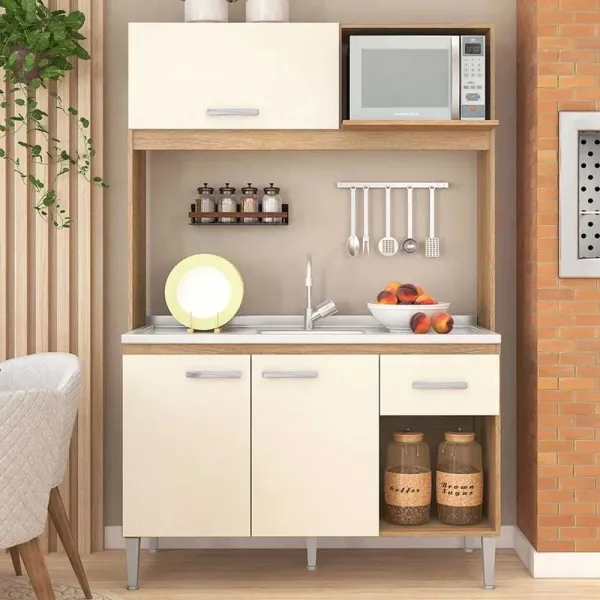 Armário de Cozinha Compacta Sarah 3 Portas 1 Gaveta Carvalho/Champagne - Fellicci