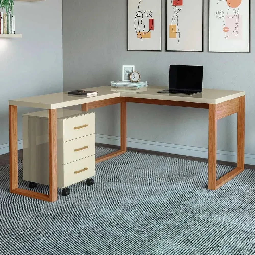 Mesa Escrivaninha Industrial 100% MDF Off White/Freijó - 1