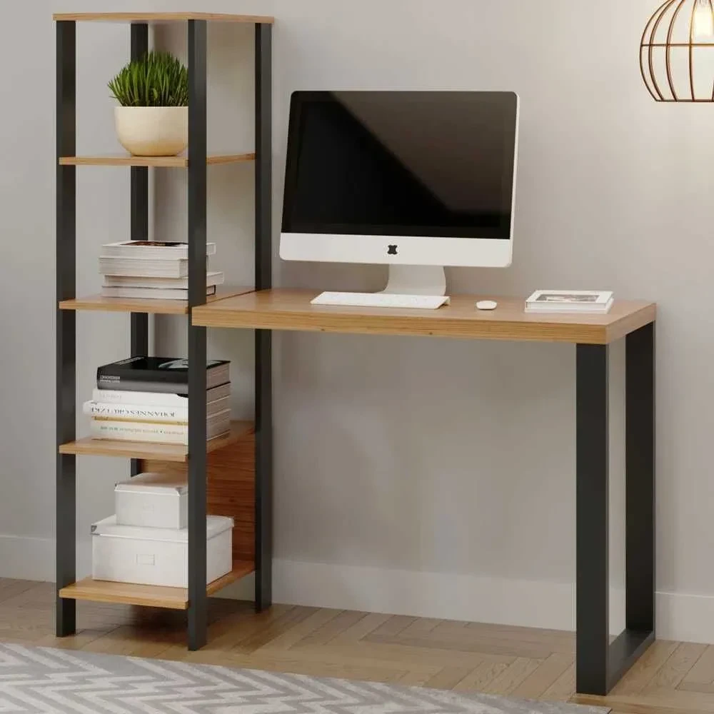 Mesa Escrivaninha Industrial 4 Prateleiras 100% MDF Freijó/Preto Fosco - 1