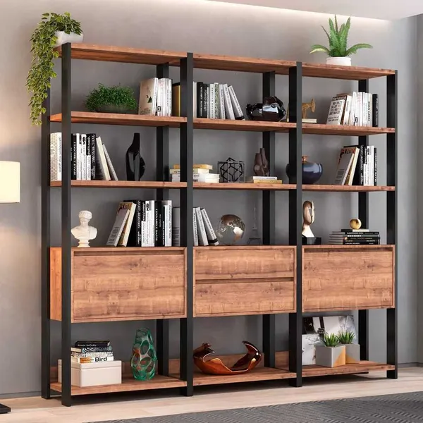 Estante Livreiro 2 Portas 2 Gavetas Estilo Industrial Chess