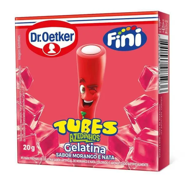 Pacote Gelatina Fini Tubes Azedinha 20g - Sabor Morango e Nata