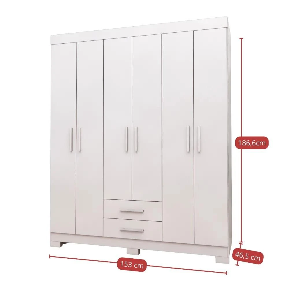 Guarda Roupa Casal Premier 6 Portas 2 Gavetas Branco - Batrol Móveis  - 3
